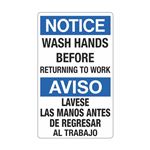 Notice Wash Hands Before Returning To Work/Bilingual 12" x 20" Sign